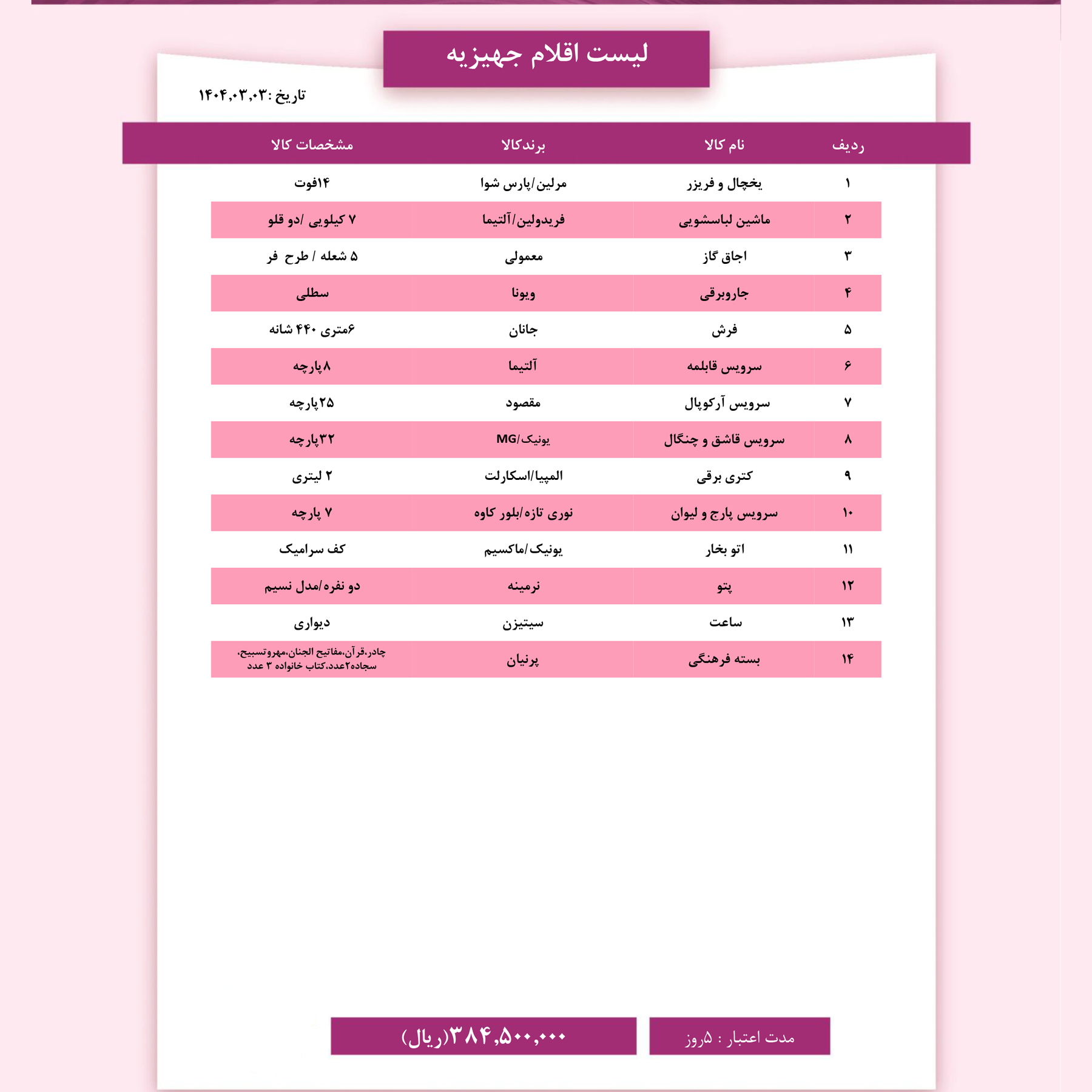 بسته جهیزیه شماره 1